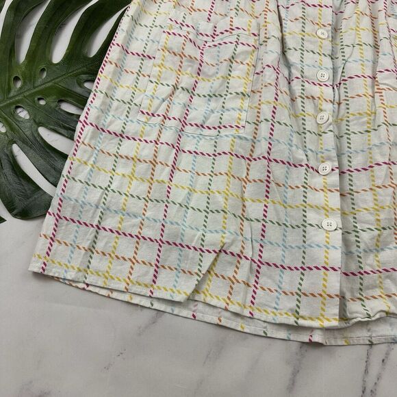 Modcloth A-Line Retro Skirt Size 18 White Rainbow Plaid Button Front Pockets - Picture 4 of 10